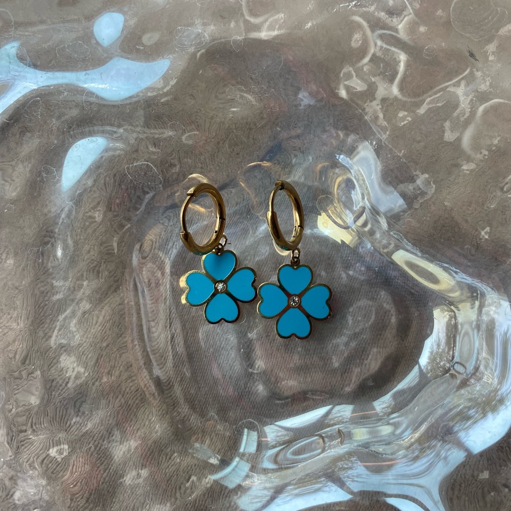 🛎️ Clearance NWT Stainless Steel Hoop Earrings Four Leaf Clover Turquoise - Picture 9 of 9